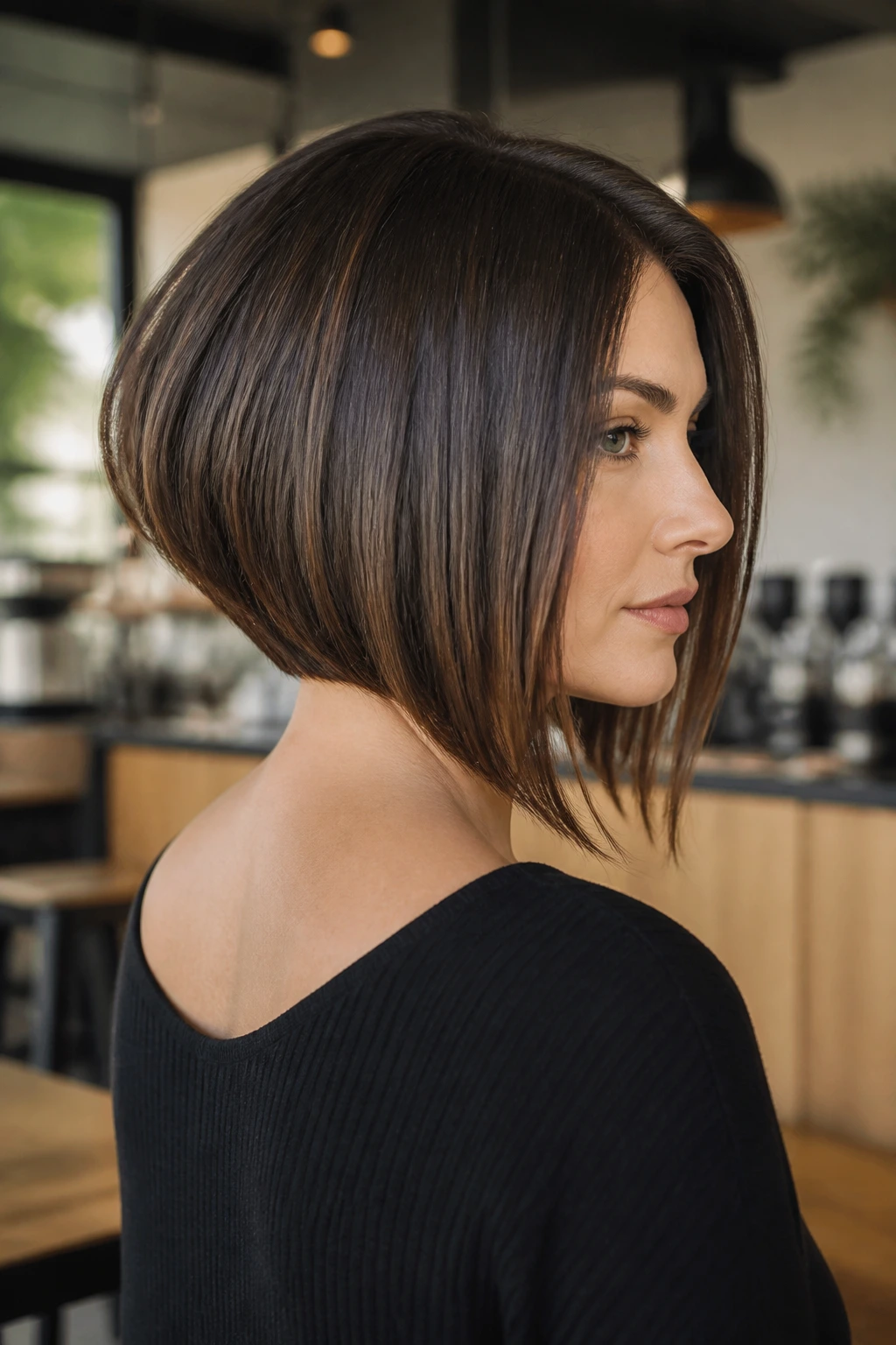 Three-quarter view of a real woman with an A-line graduated bob showing short back and longer front.