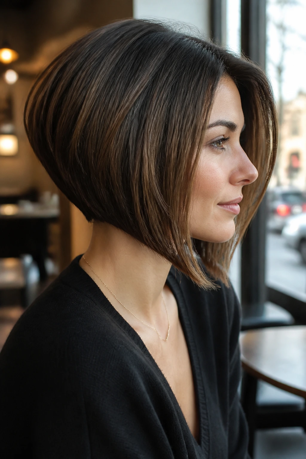 Close-up portrait of a real woman with A-line graduated bob in golden hour light