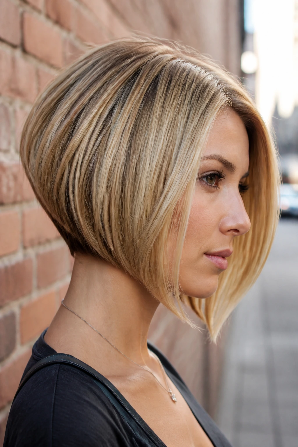 Close-up of a real woman with an A-Line Graduated Bob showing stacked back and chin-length front.