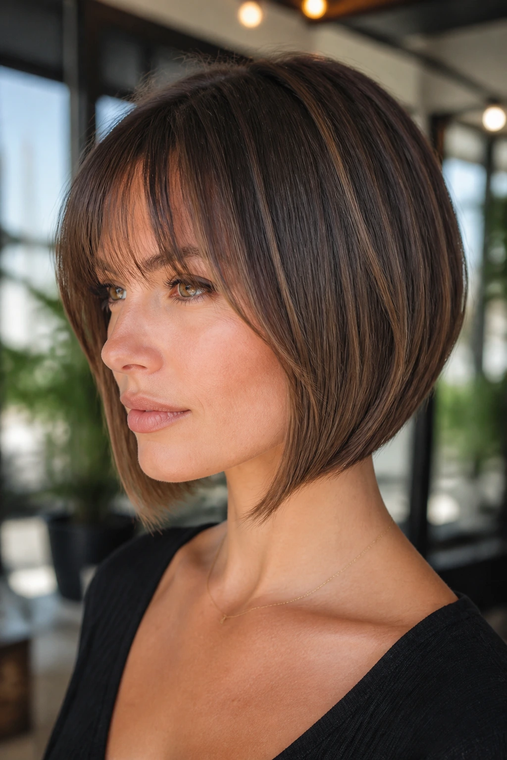 Close-up of a woman with A-line graduated bob and wispy bangs in bright salon light
