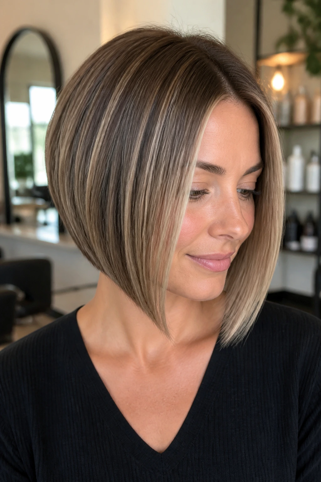 Close-up portrait of a real woman with A-Line inverted bob and face-framing highlights