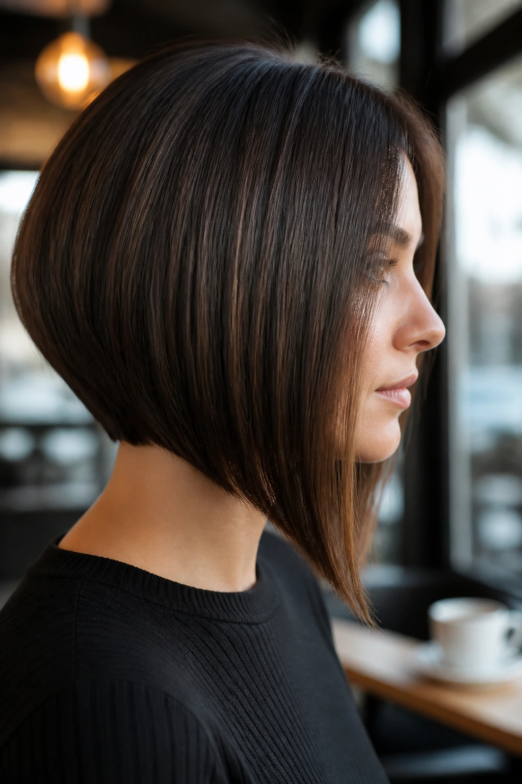 Profile view of a real person with an A-line lob showing the angle
