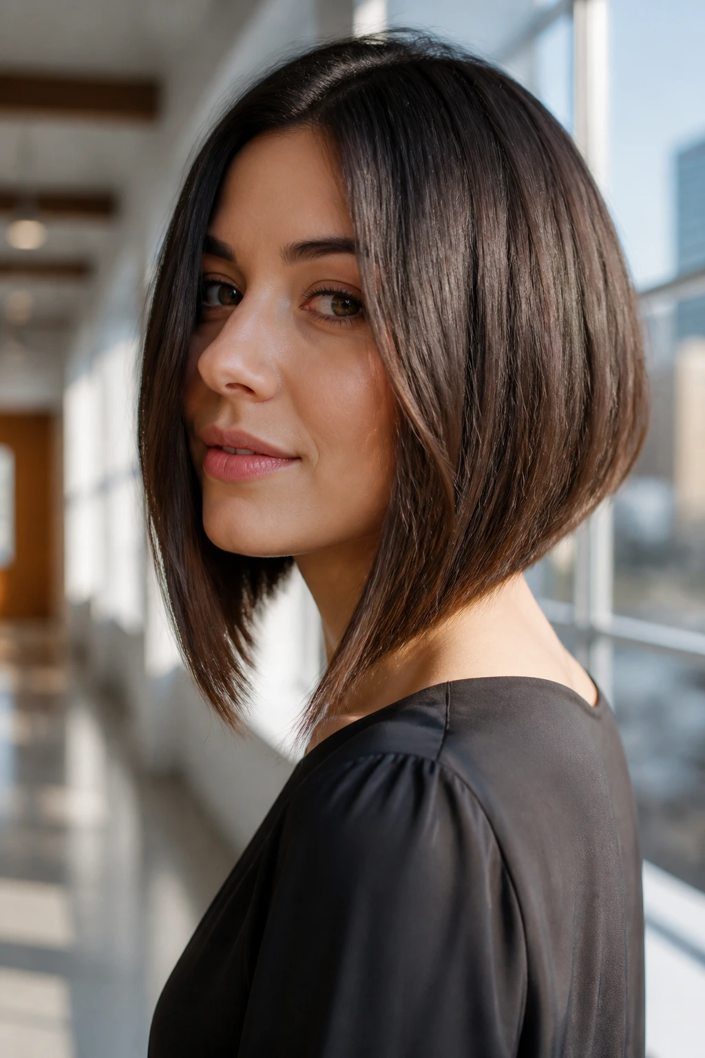 Portrait of a woman with an A-line lob showing the angled back and longer front