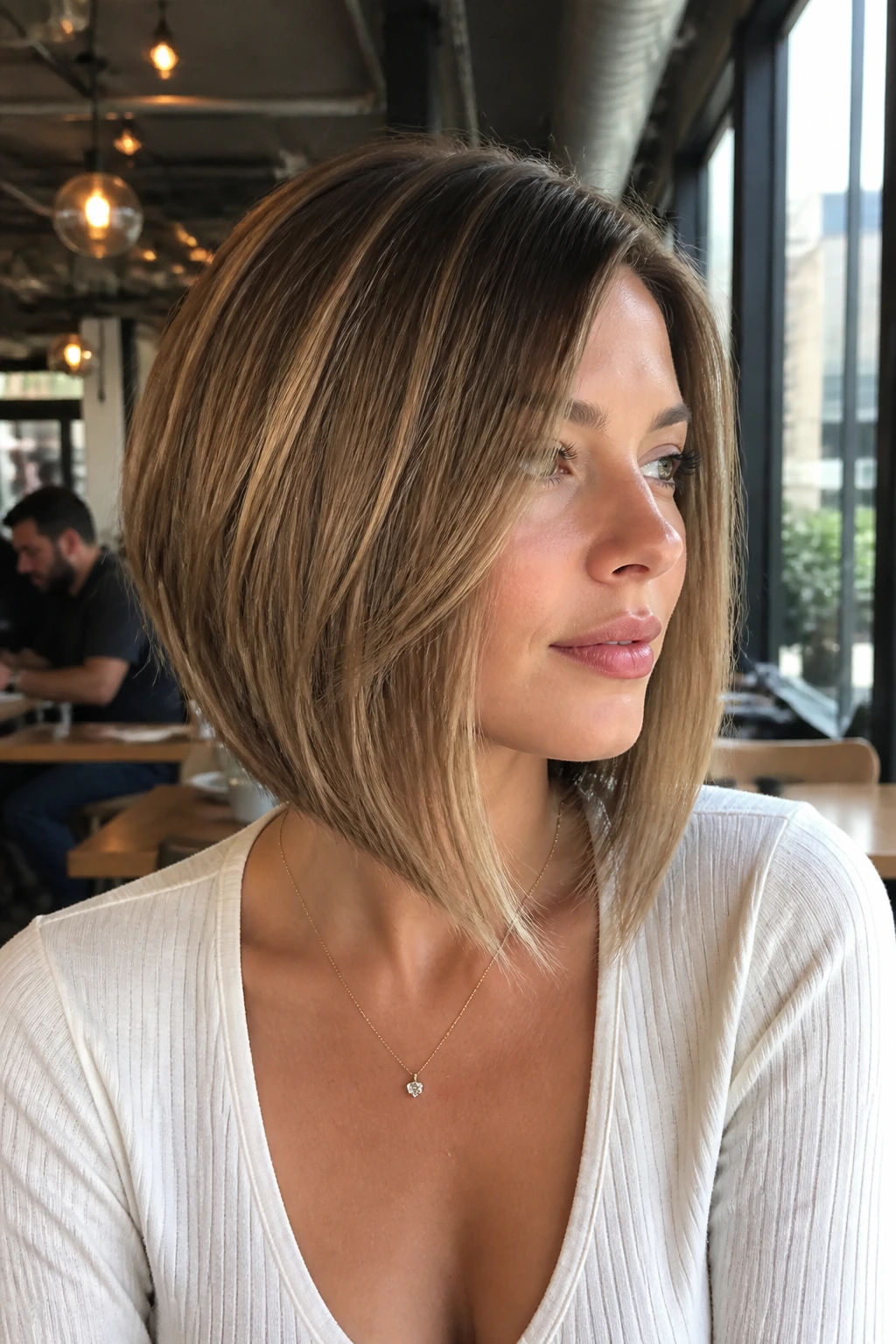 Portrait of a woman wearing an A-line lob with internal layers showing angled back and longer front pieces