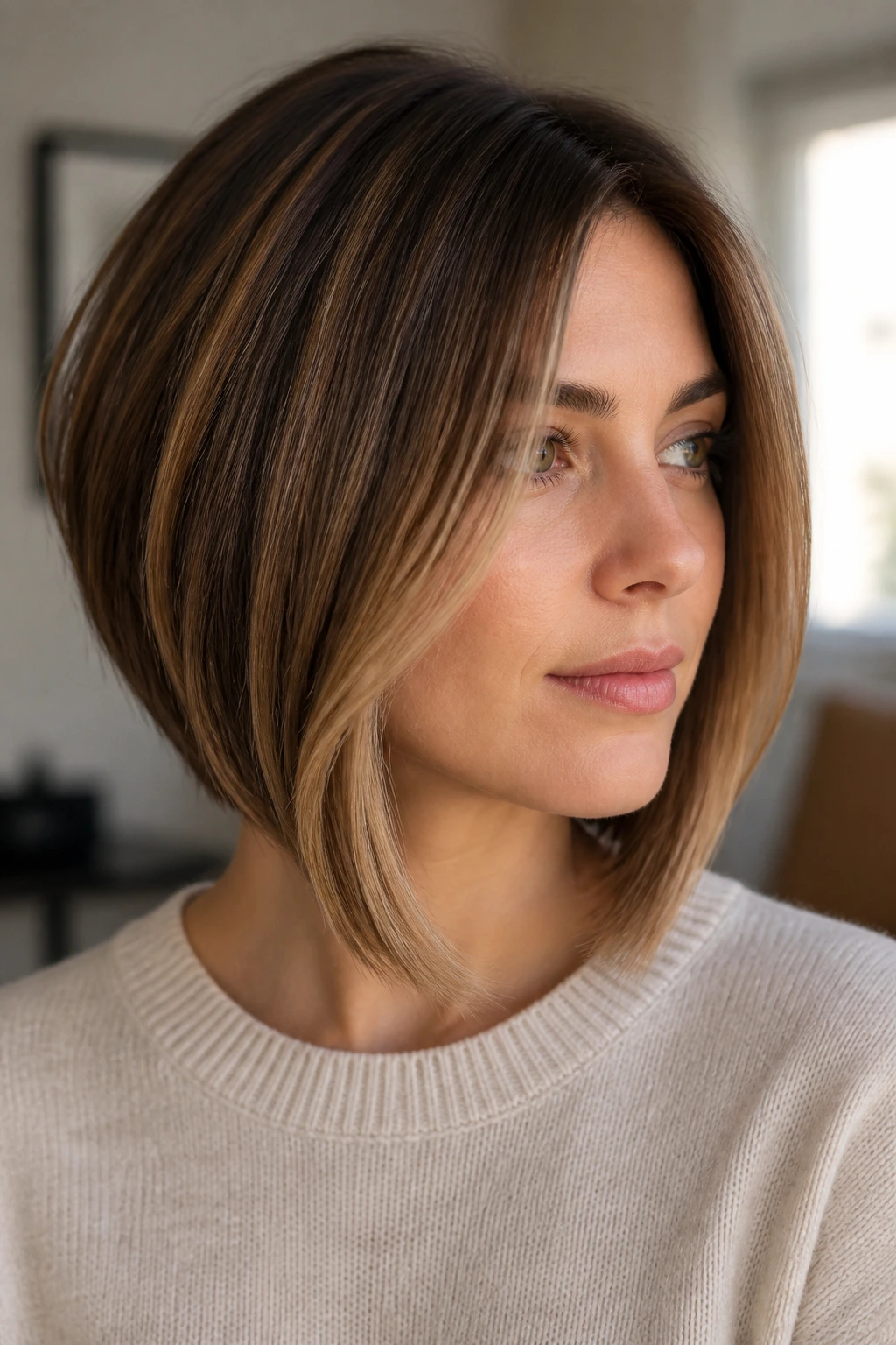Real woman with rounded A-Line lob, back shorter and front longer