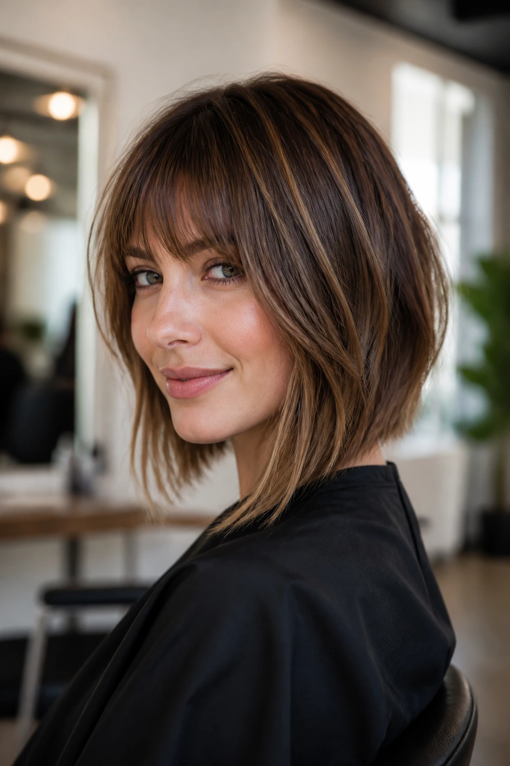 Portrait of woman with textured A-line lob and wispy fringe