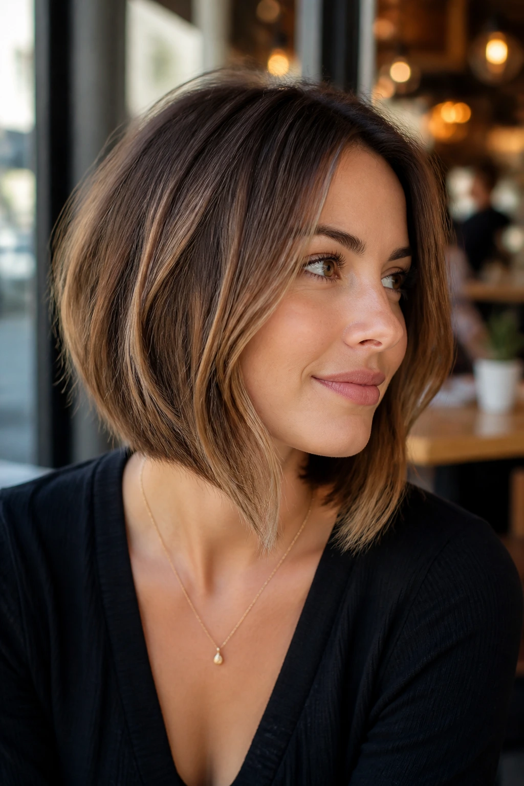 Three-quarter portrait of a real woman with a textured A-line razor bob