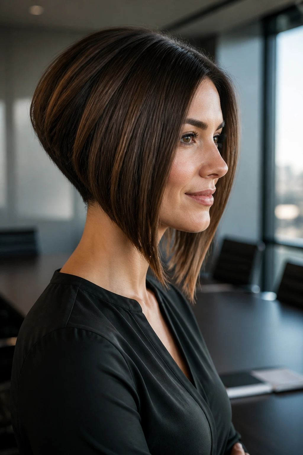 Portrait of a woman with a steeply angled A-line stack hairstyle in a boardroom setting