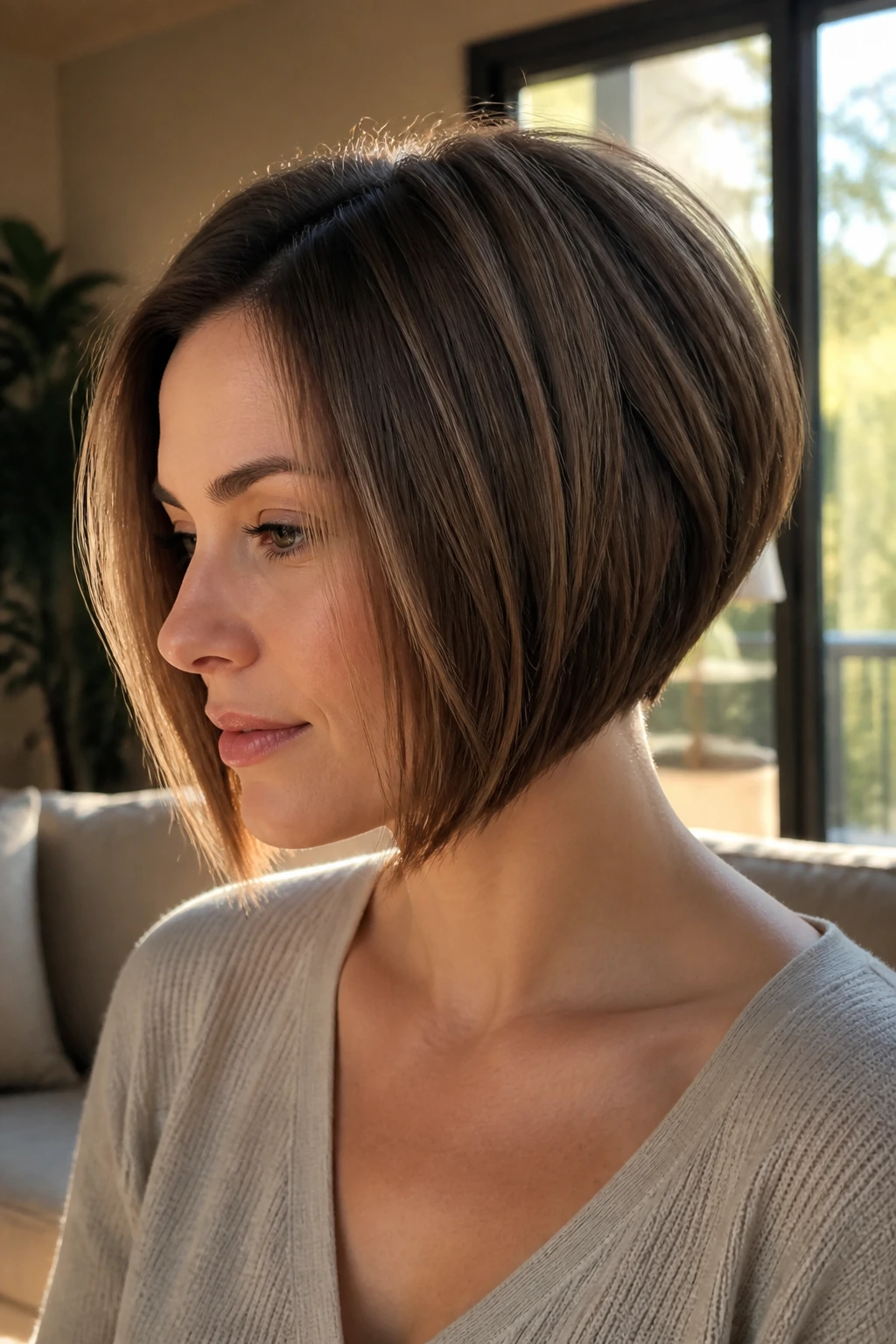 Close-up portrait of a woman with an A-Line stacked bob in warm window light