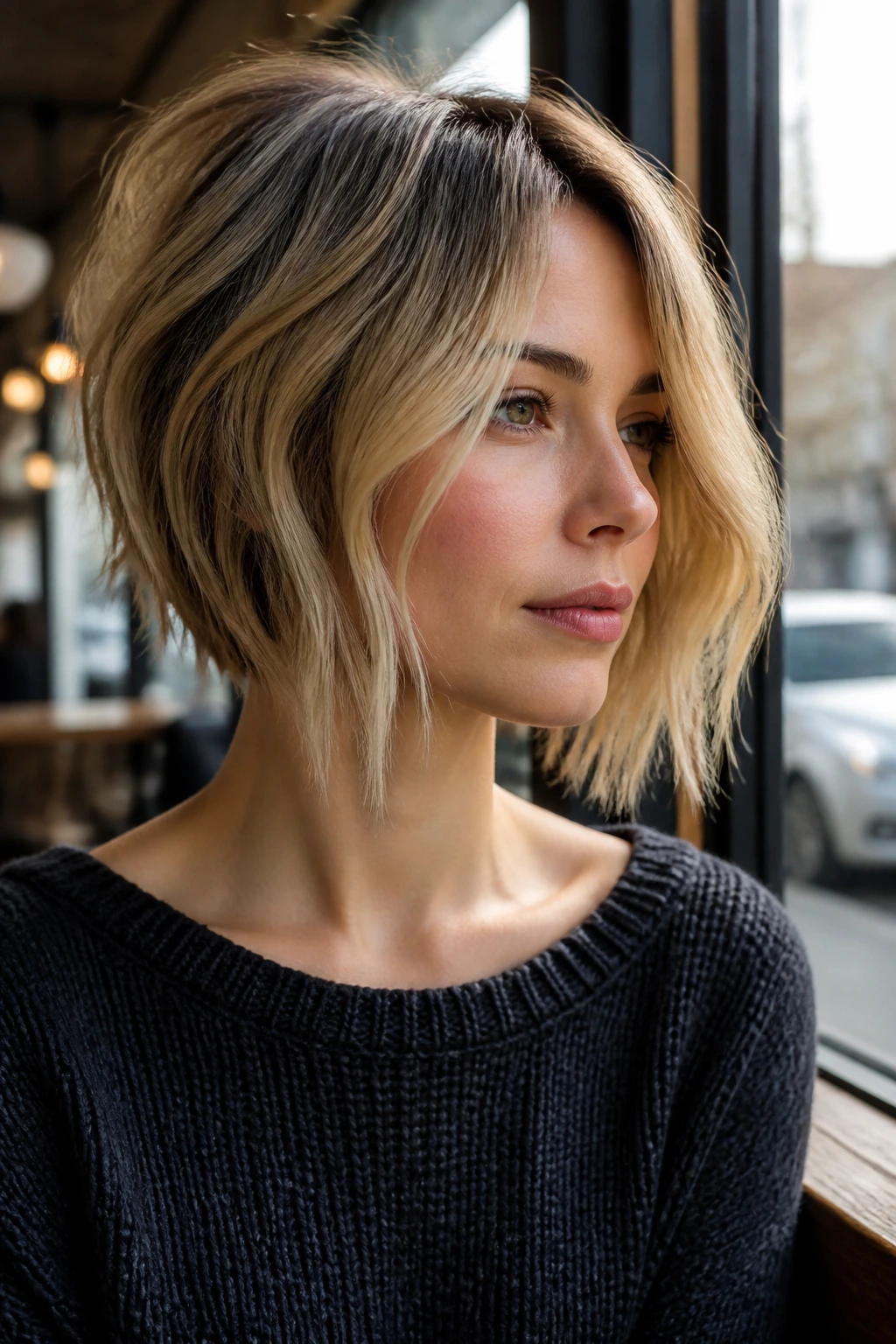 Portrait of a real person with an A-line textured wob showing shorter back and longer front