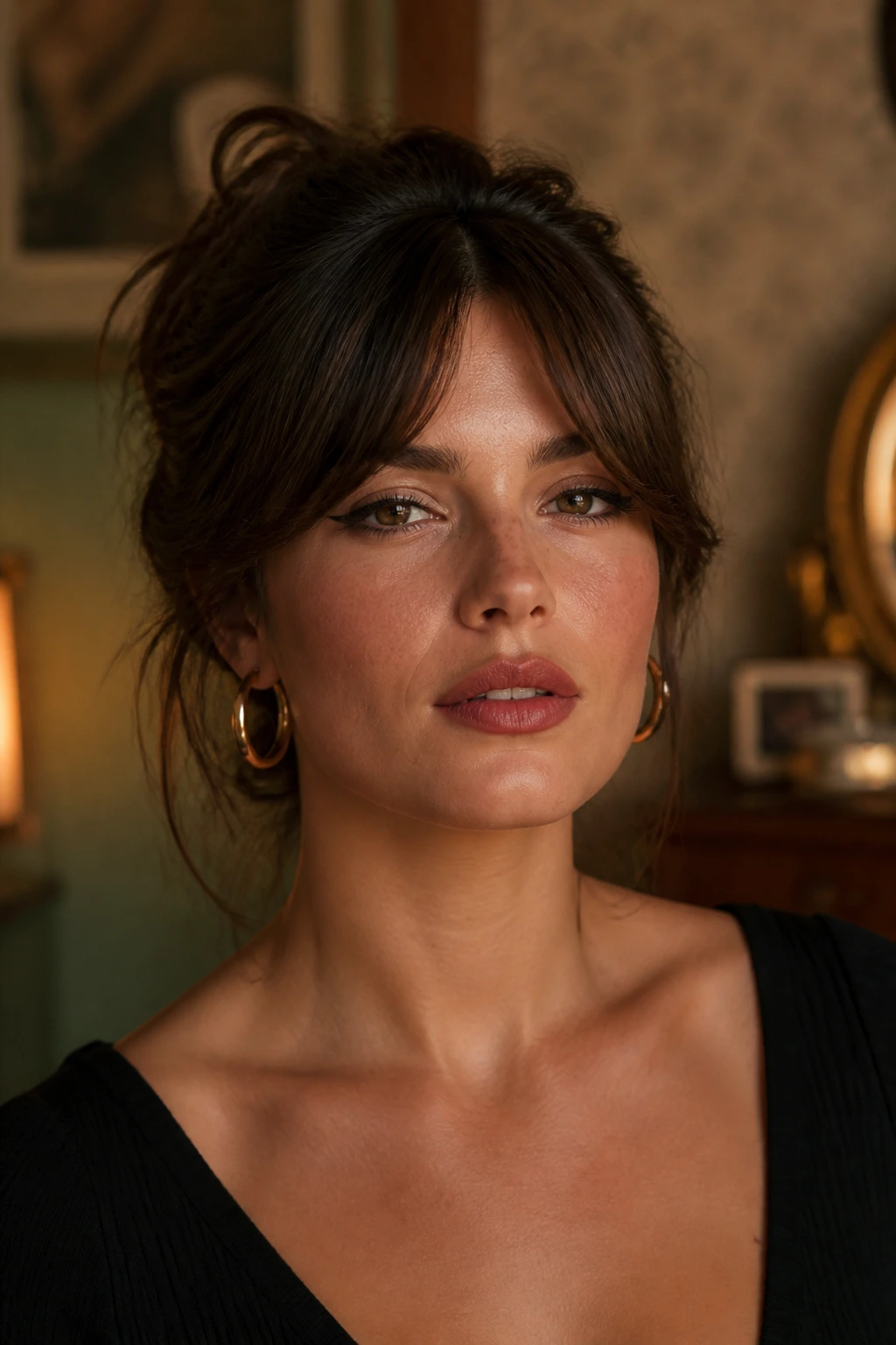 Woman with A-shape Bardot bangs close-up