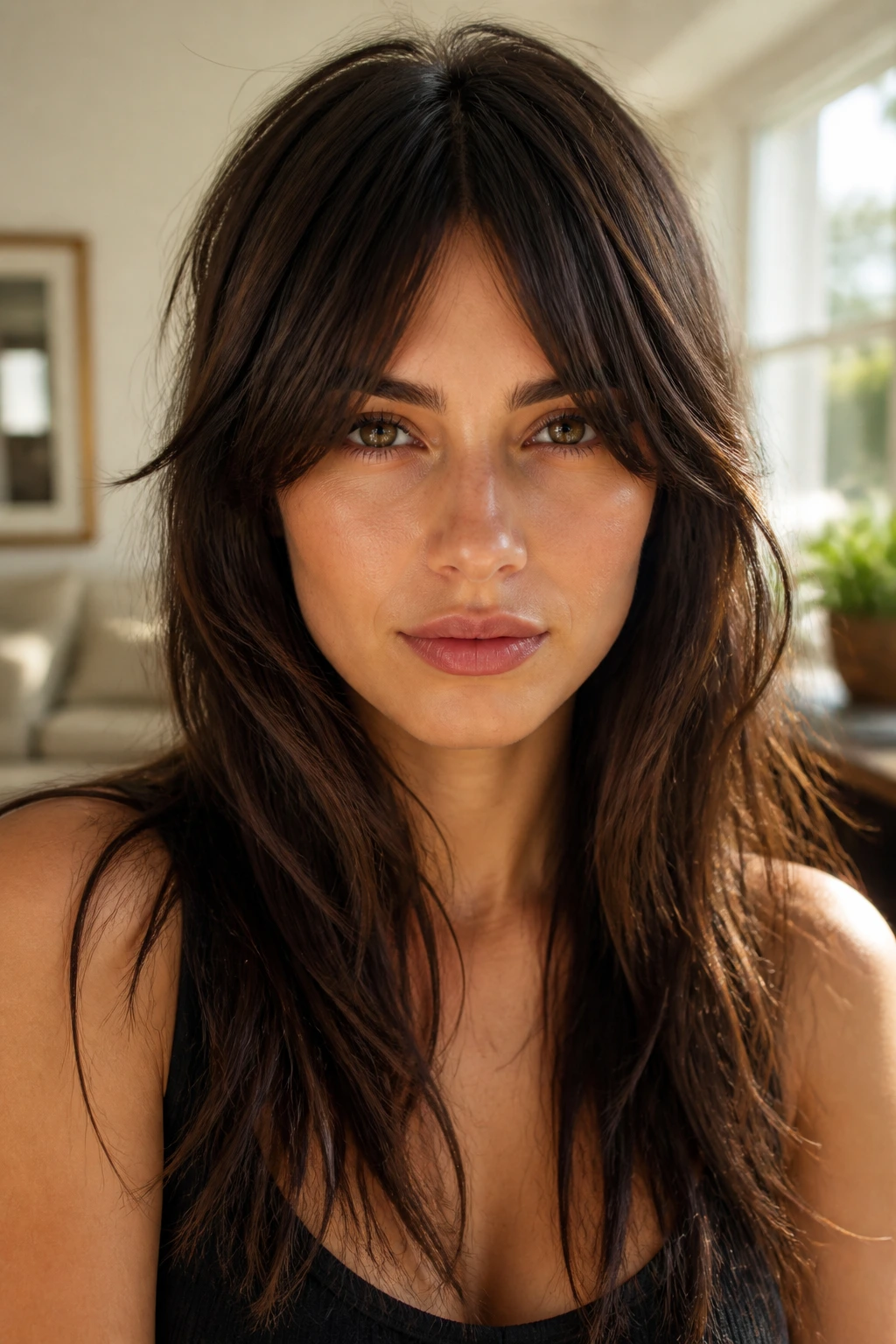 Close-up of a real person with an inverted V A-shape fringe narrowing the forehead
