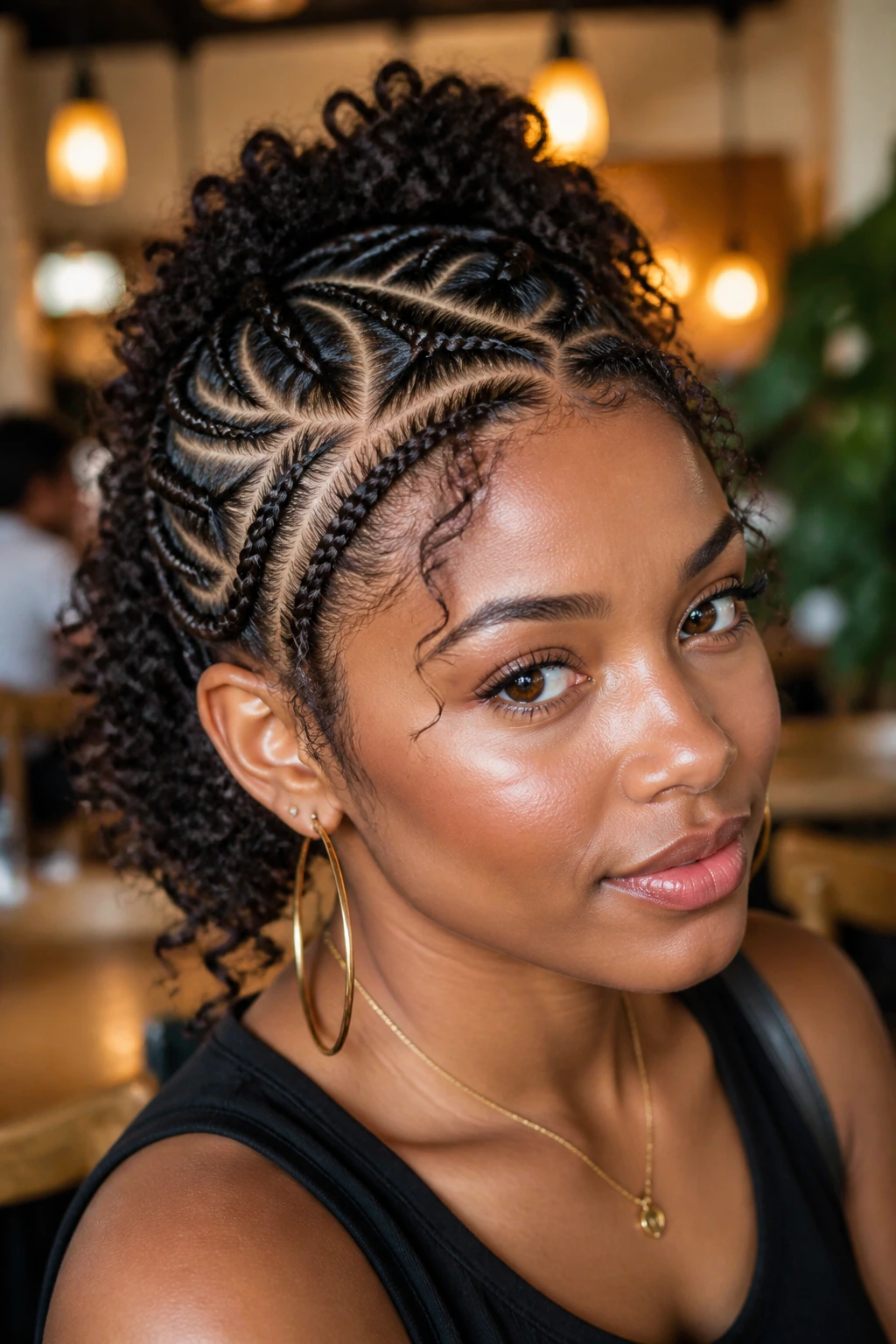 Real person with abstract interwoven braids in a real cafe setting