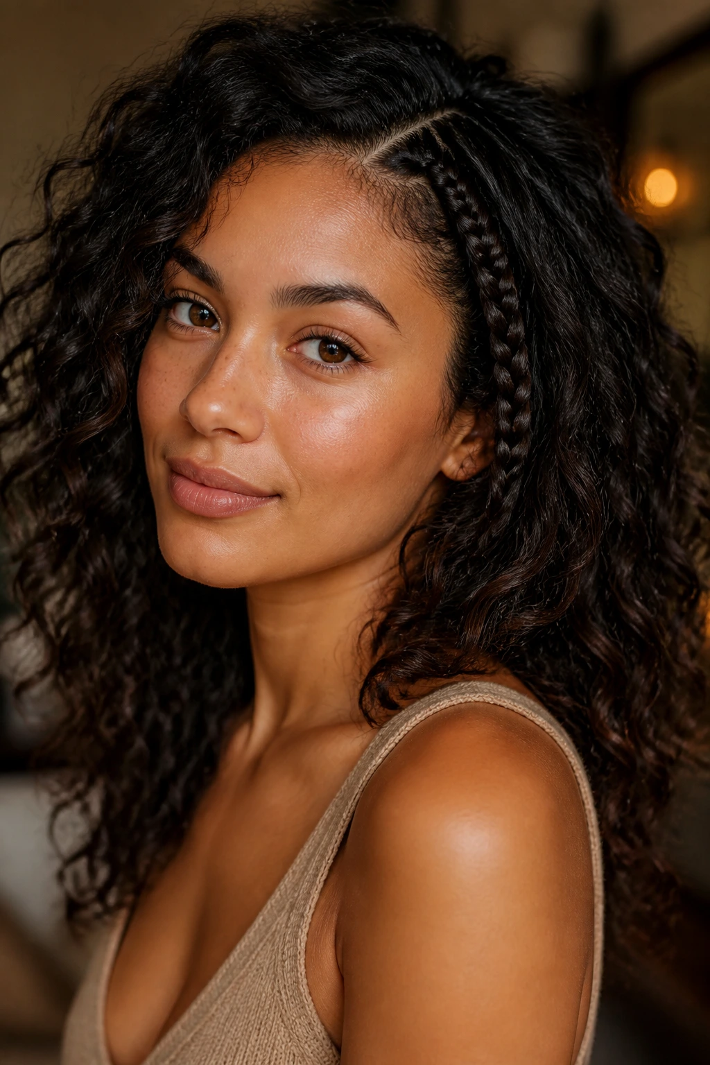 Close-up of a woman with a single accent braid along the hairline