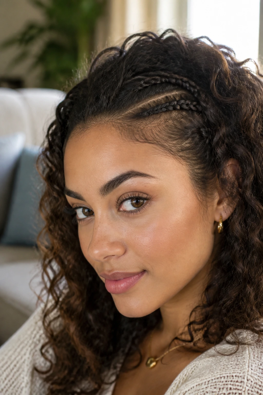 Real woman with small hairline accent braid on curly hair
