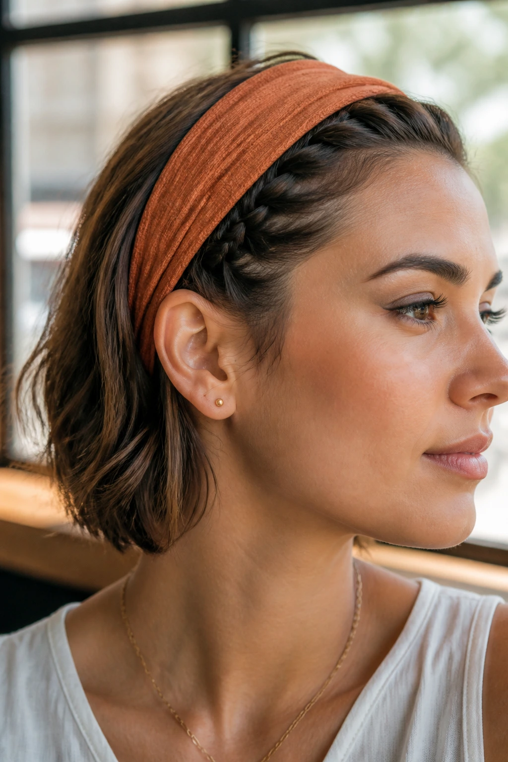 Close-up of The Accent Braid with Headband on a real woman in a sunny cafe setting.