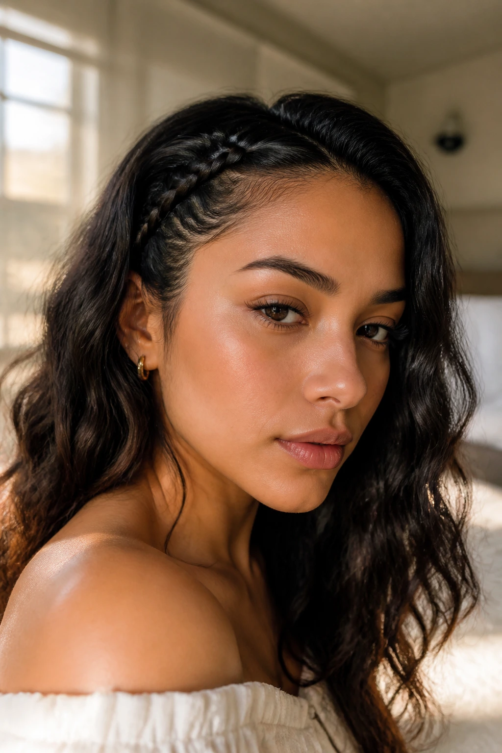 Close-up of a real woman with a small accent braid near the temple and loose waves.