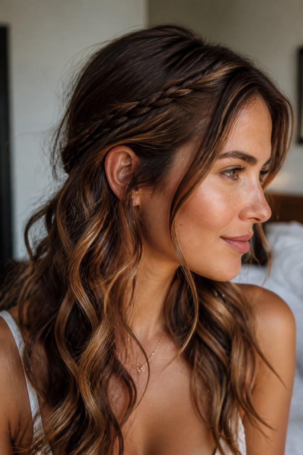 Close-up of a real woman with a small accent braid behind the ear among loose waves