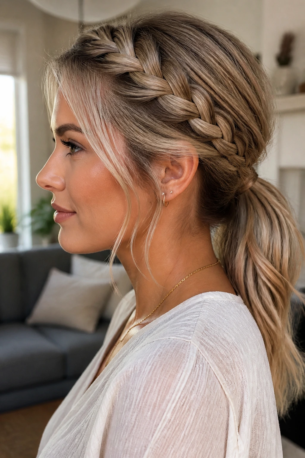 Profile of a real woman with an accent braid into a low ponytail near a window