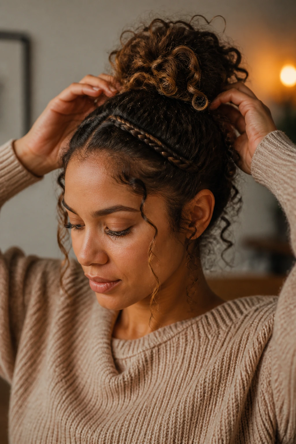 Close-up portrait of a real woman showing an accent braid at the front leading into a messy bun.