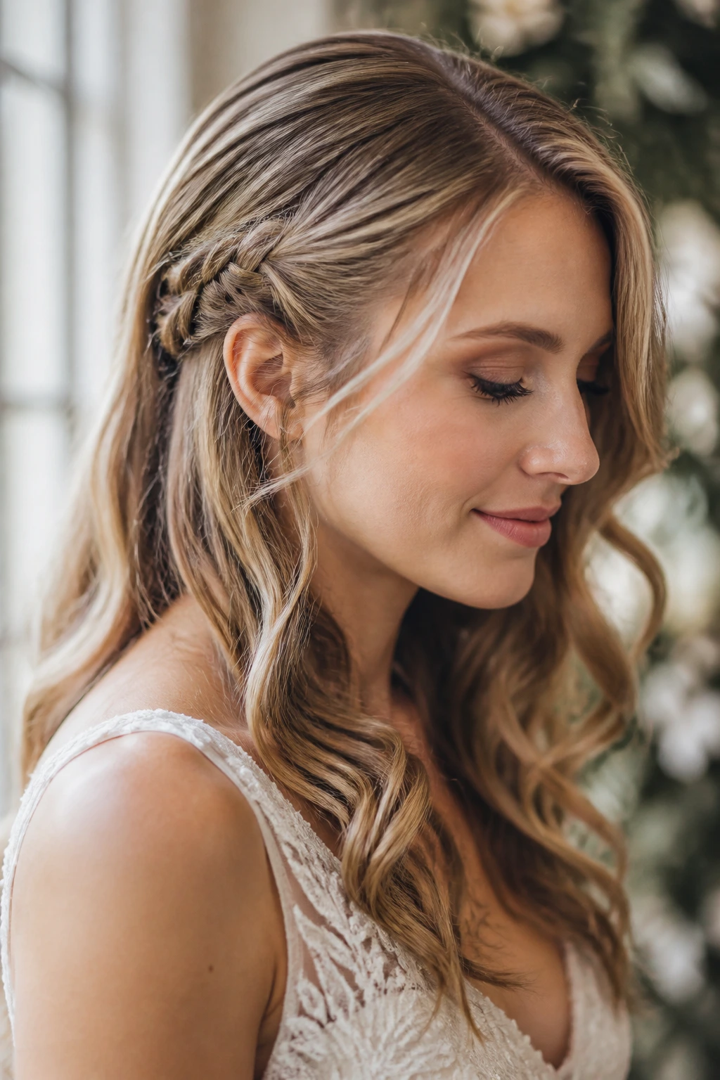 Close-up of a real bride with a small accent Dutch braid behind one ear and flowing waves.