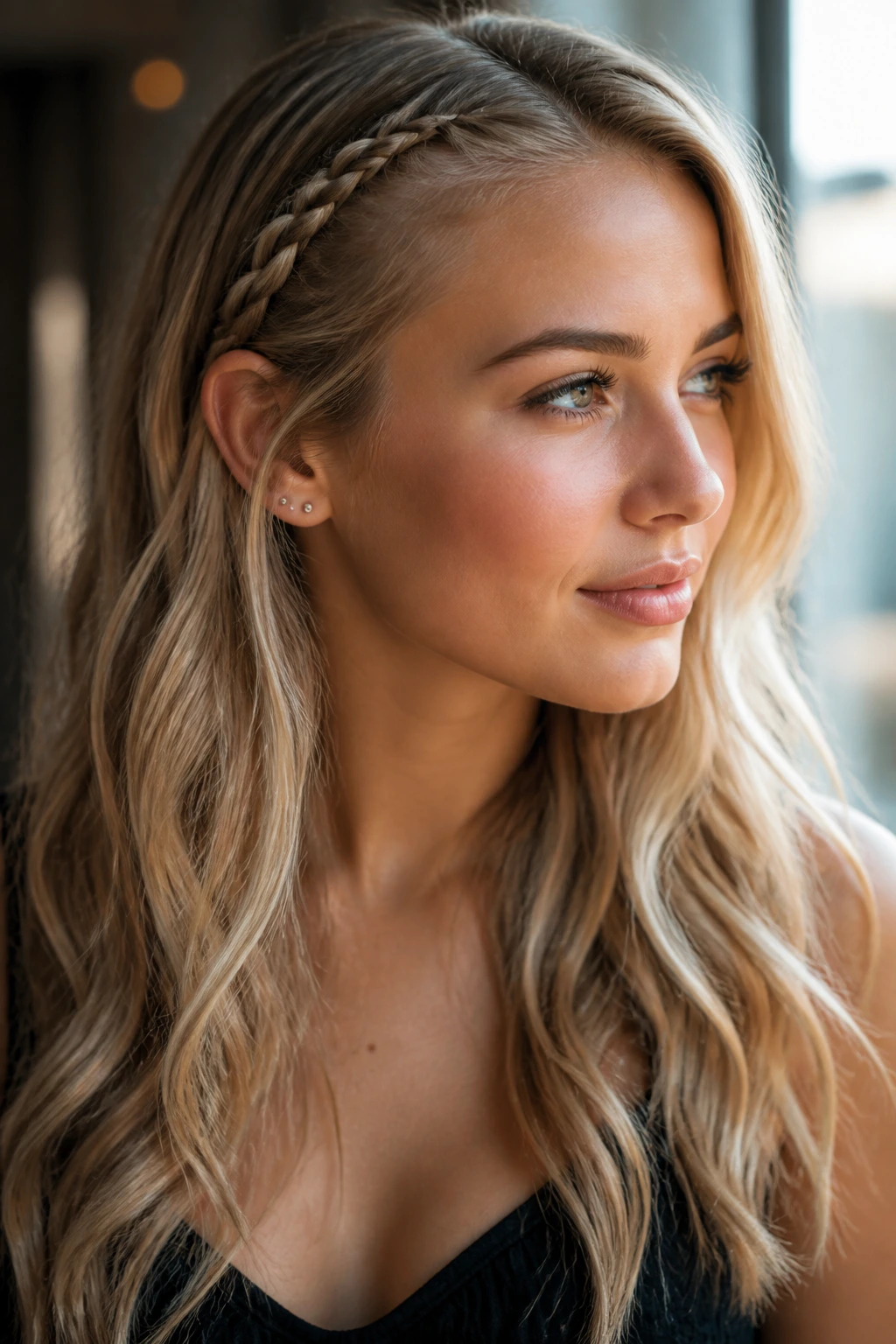 Close-up of a person with a small accent braid and loose waves behind the ear