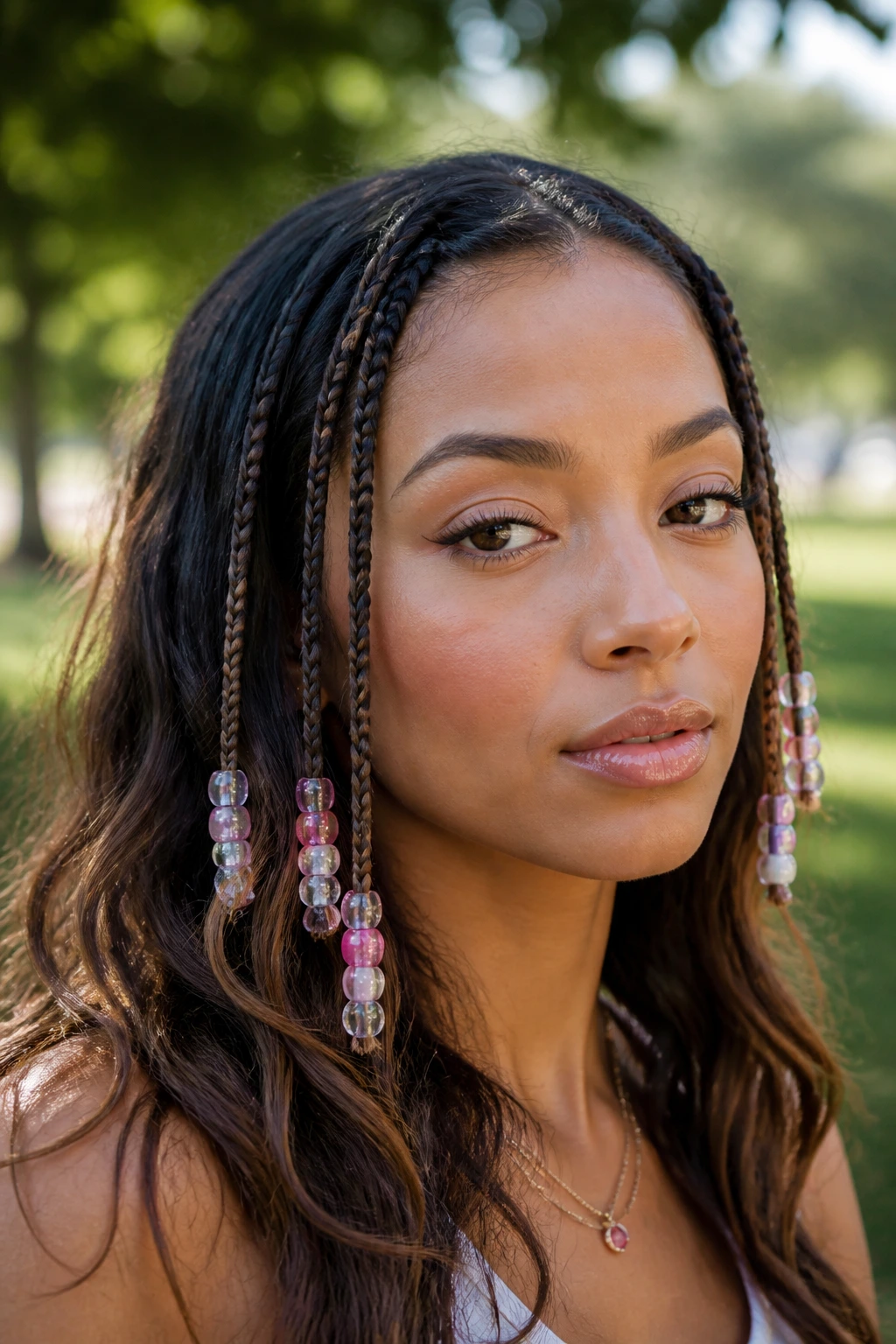 Real woman with accent braids and beads in daylight