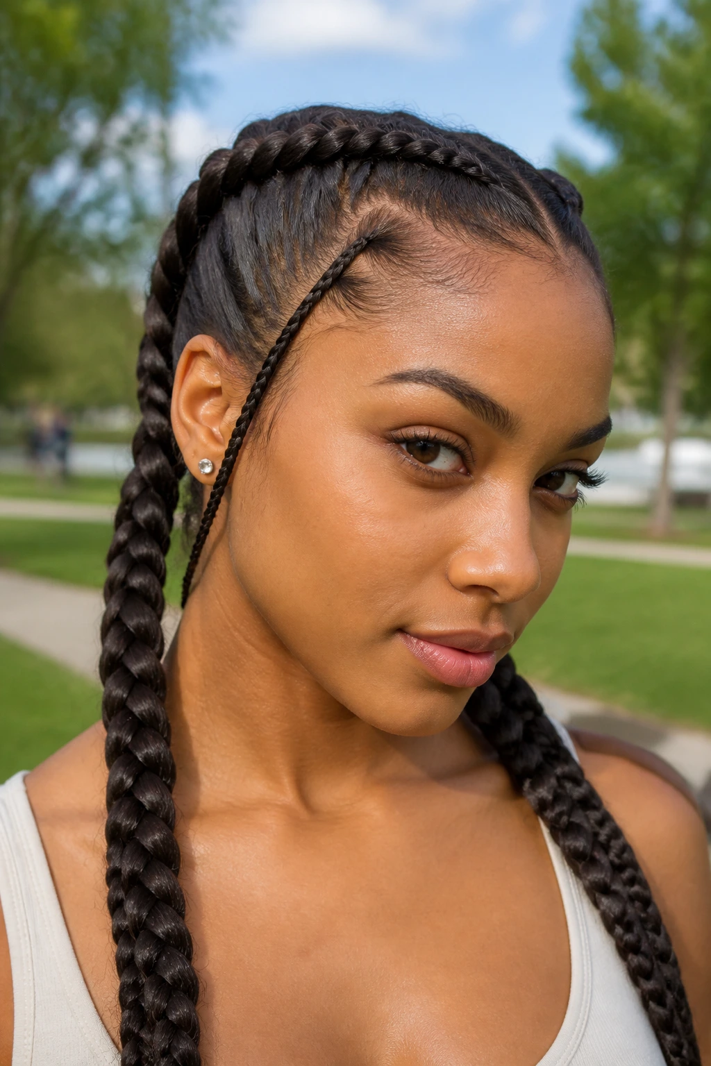 Close-up of a real woman with accent braids in double pigtails outdoors in daylight.