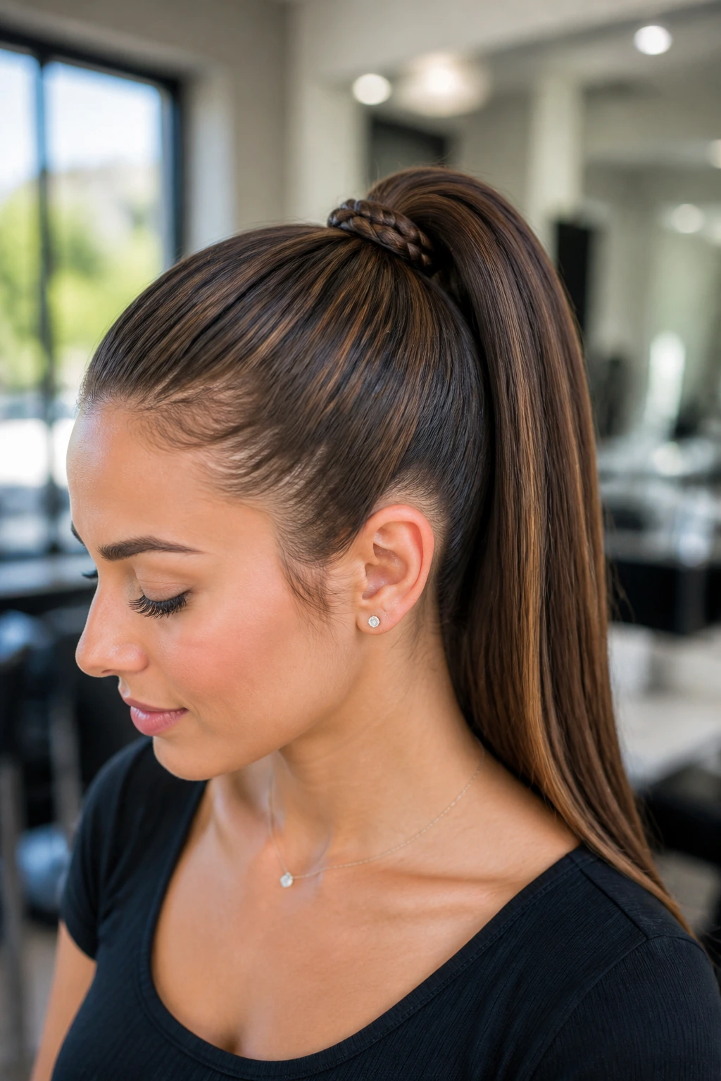 Close-up of a real woman with accent braids in a high ponytail