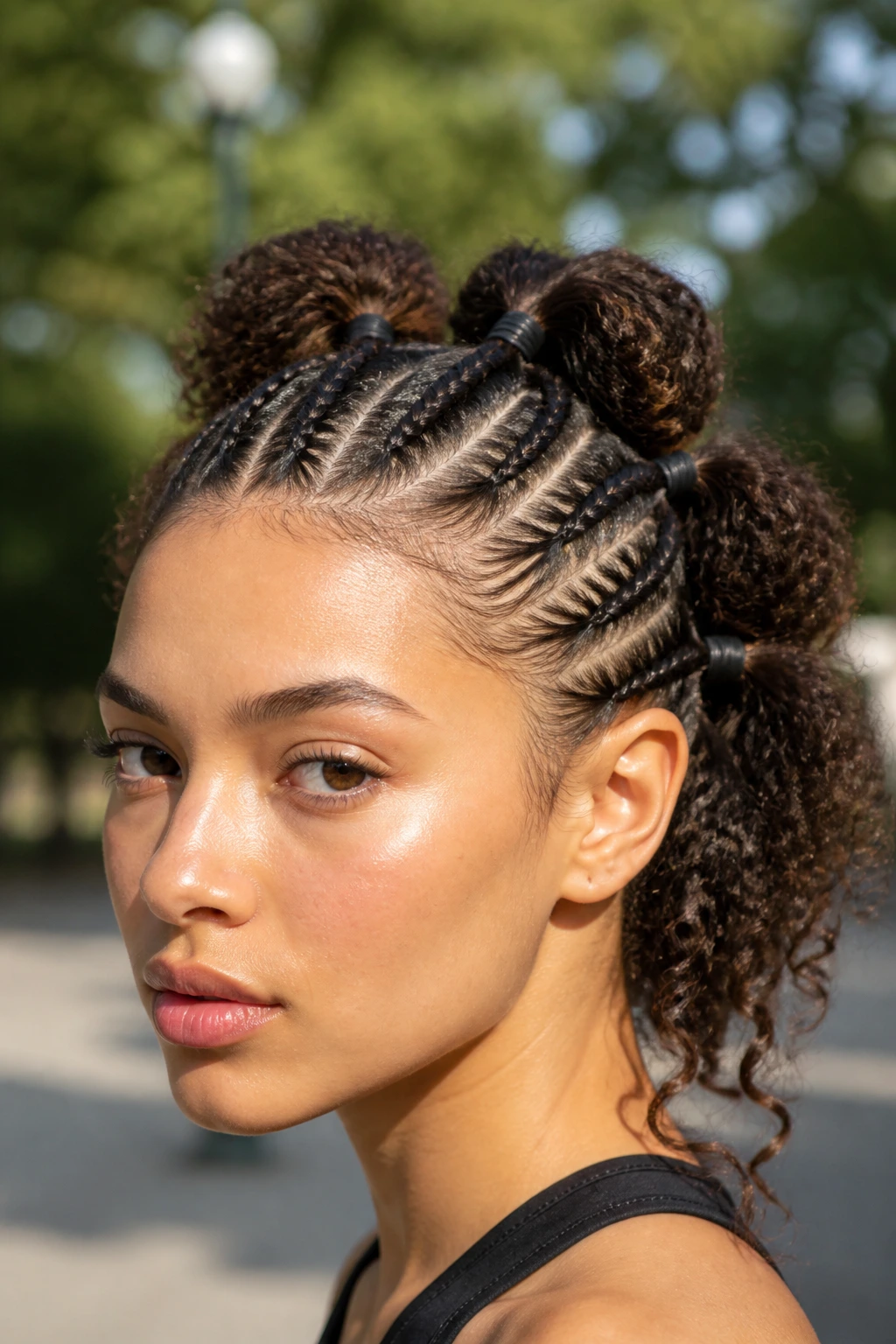 Close-up of micro ponies with accent braids on a real woman's head.