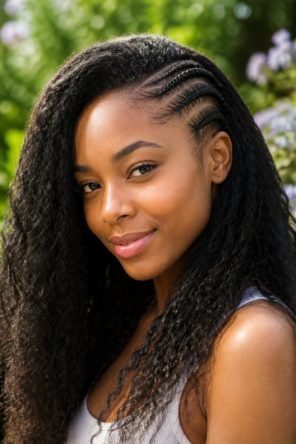 Close-up of a person with two to three cornrow accents on one side