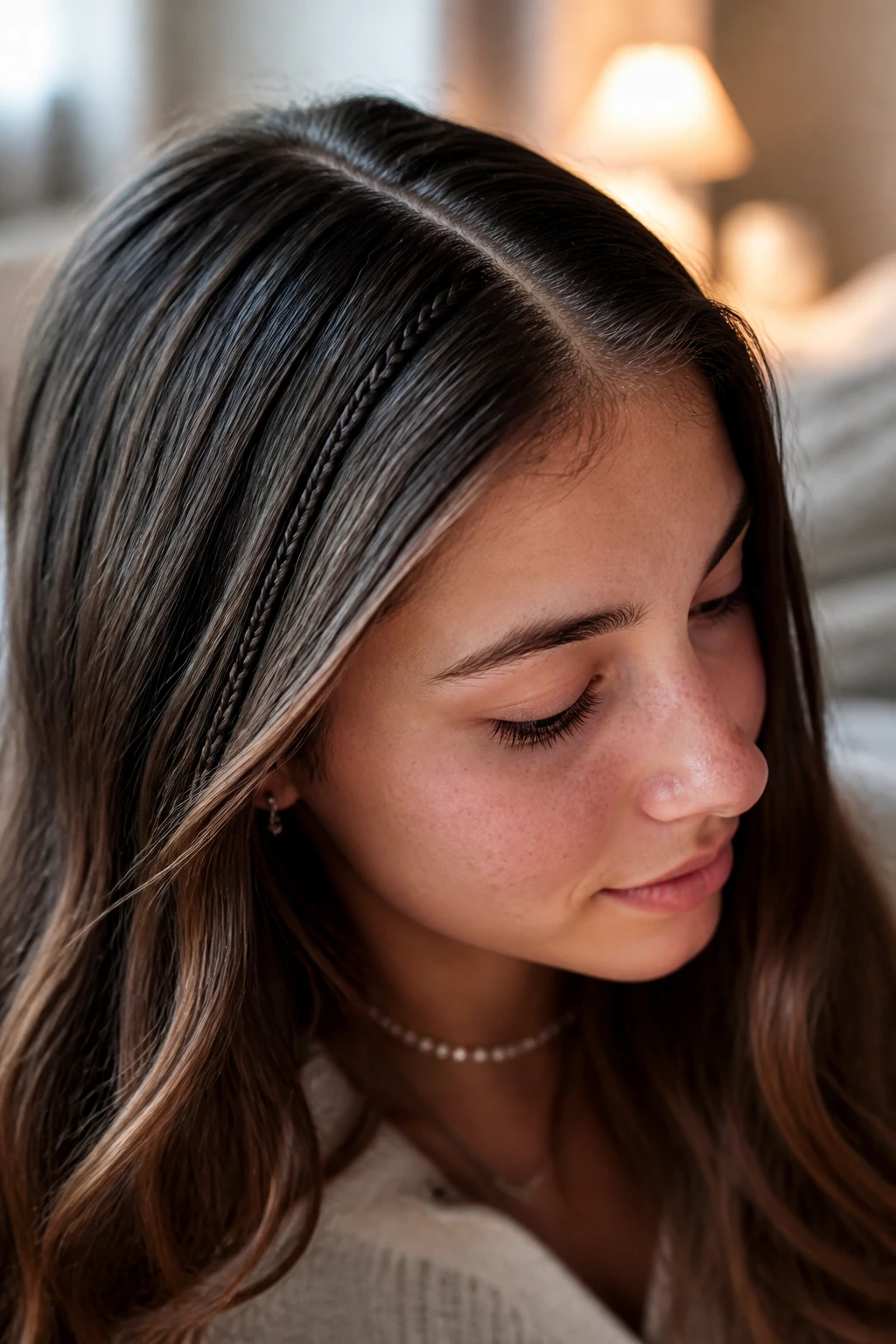 Close-up portrait of a person with a micro-braid near the part