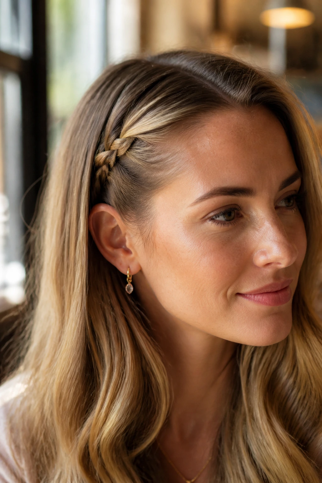 Close-up of a real woman with a tiny accent mini-braid tucked behind the ear