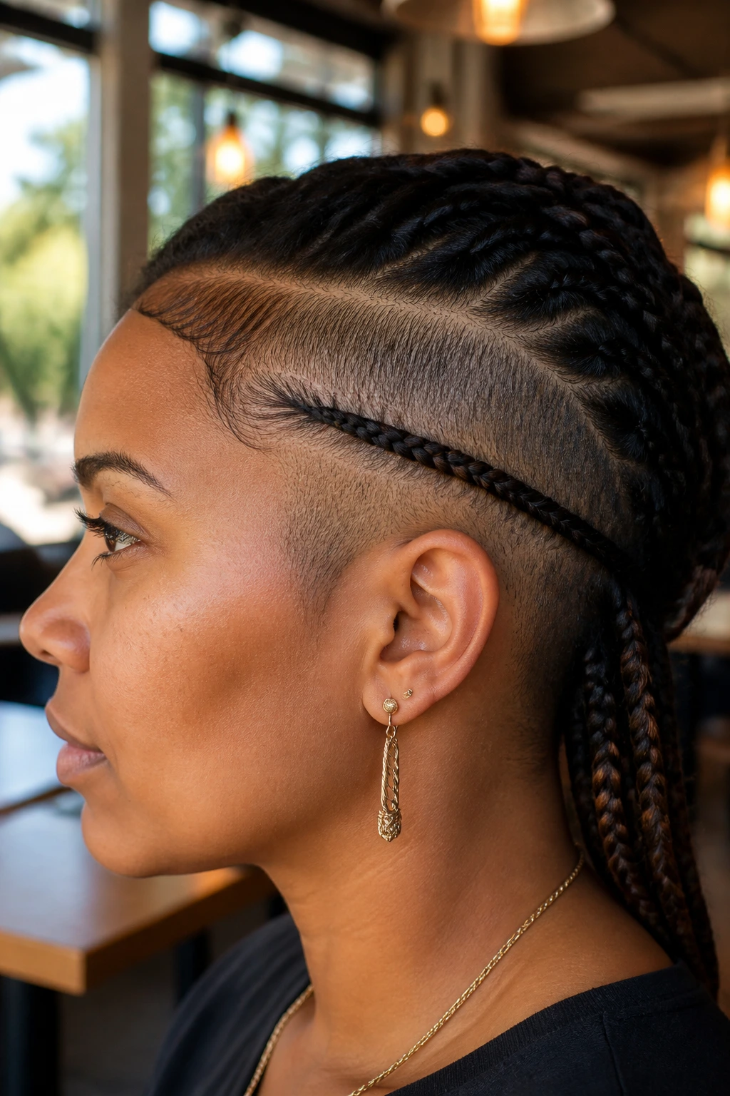 Profile view of a real woman with a small accent twist behind the ear on shaved sides.