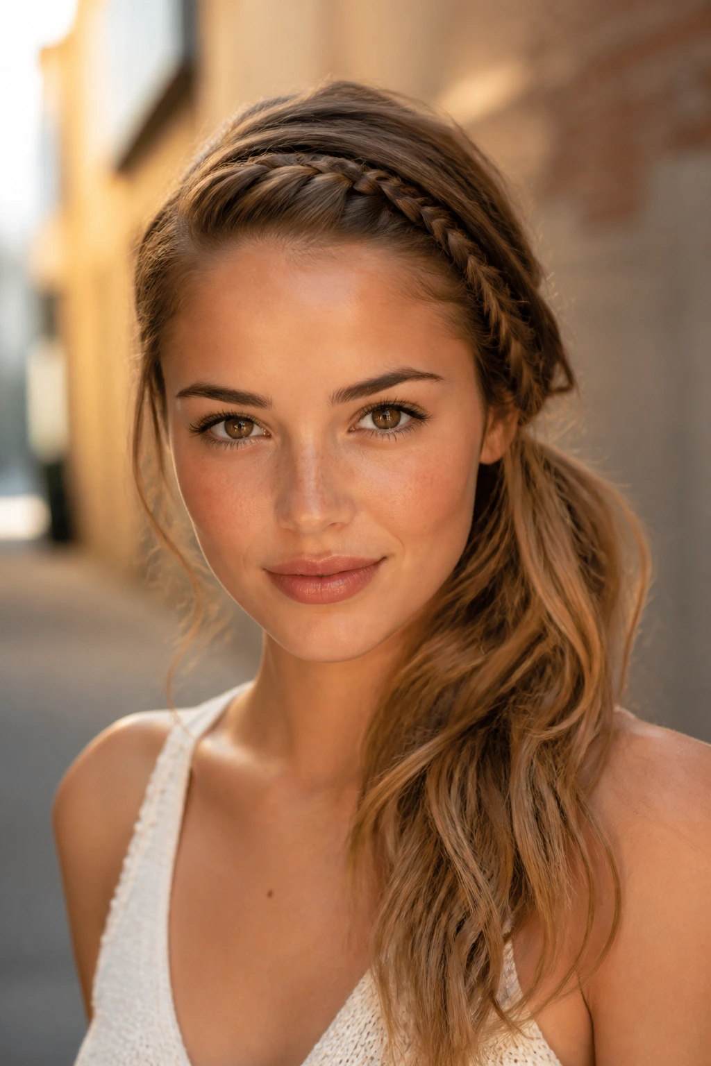 Close-up of a real woman with a single accent braid into a loose ponytail