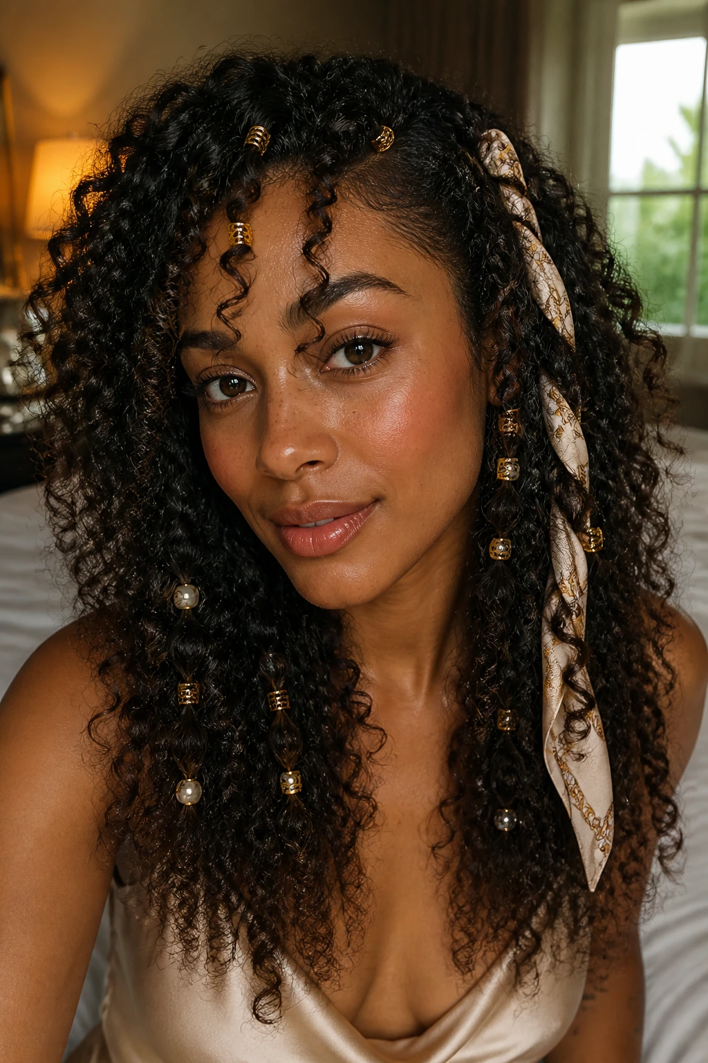Accessorized curls with gold cuffs and pearl pins on a real woman's hairstyle