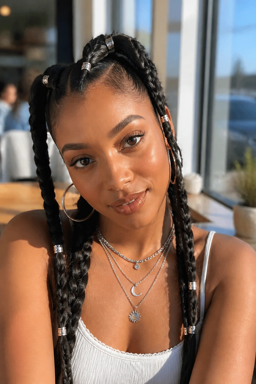 Real woman with accessorized pigtail braids featuring cuffs and beads
