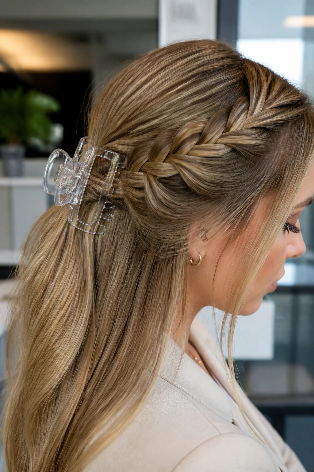 Side-swept Dutch braid pinned with a transparent acrylic clip on a real person