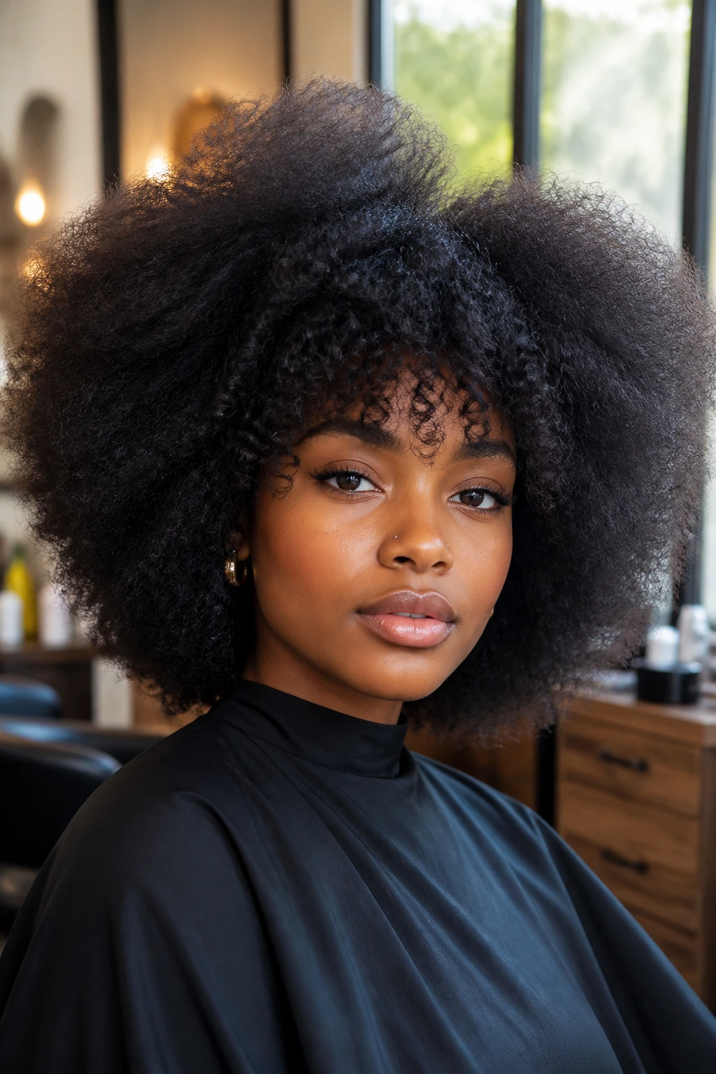 Close-up of a real Black woman with fluffy afro blowout and coily fringe in warm lighting