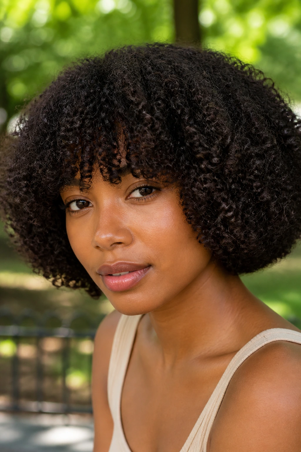 Close-up of a real woman with natural Afro-bob and bangs outdoors among greenery