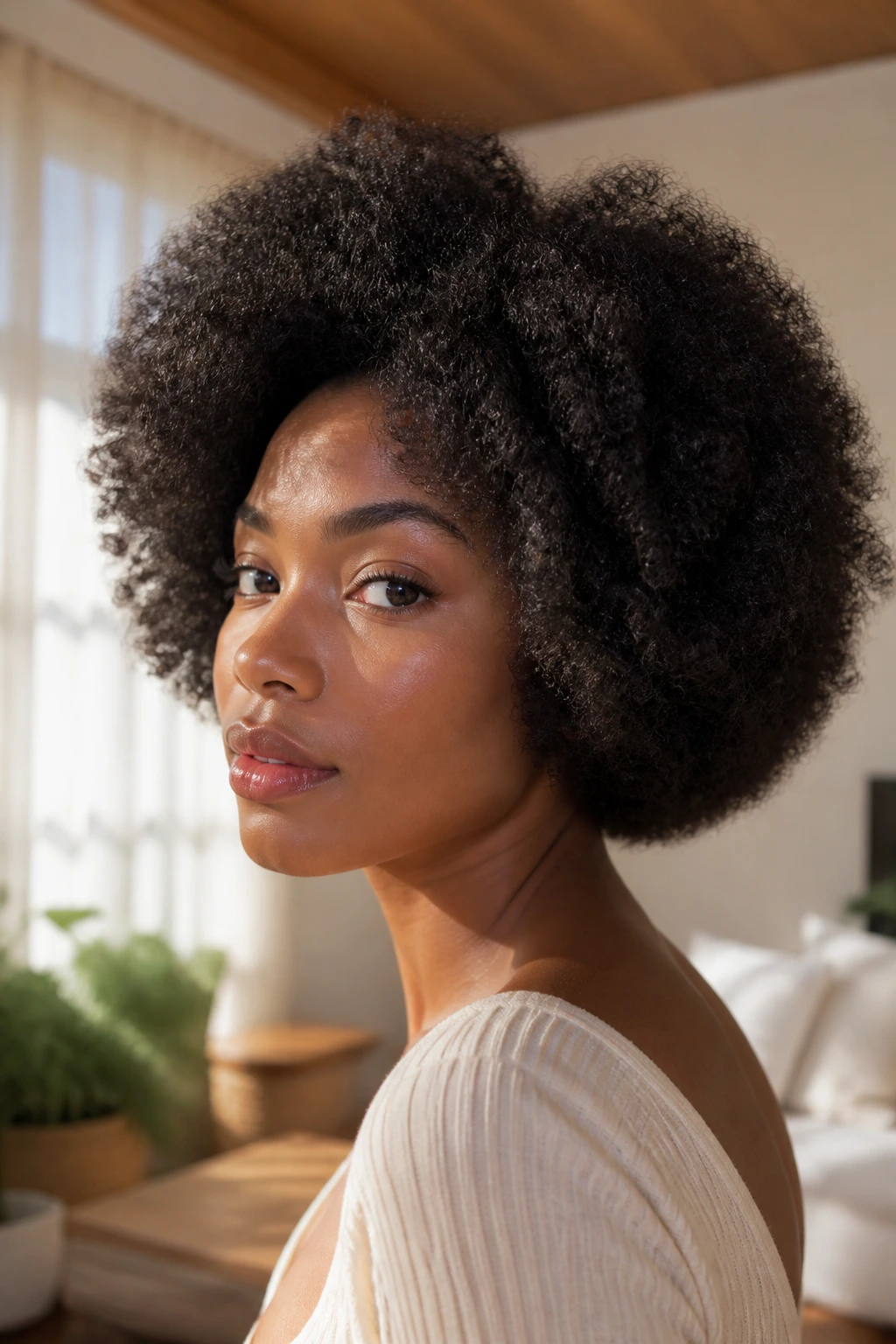 Close-up portrait of a woman with a natural afro-bob halo in sunlit living room