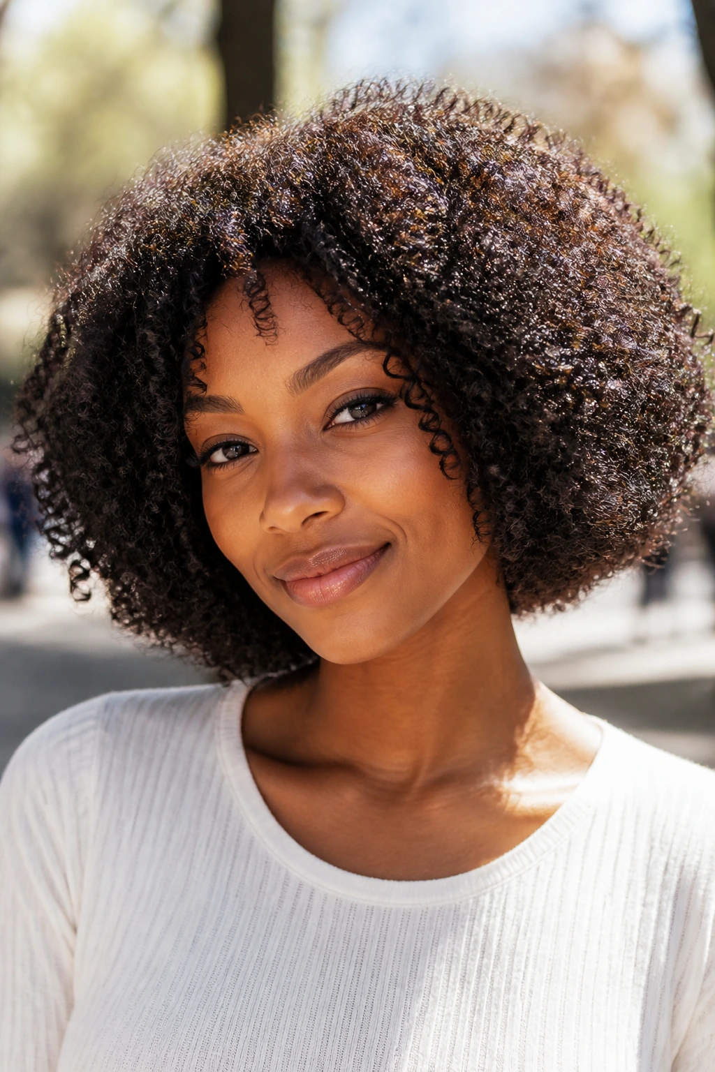 Close-up portrait of a real woman with a textured afro-inspired bob
