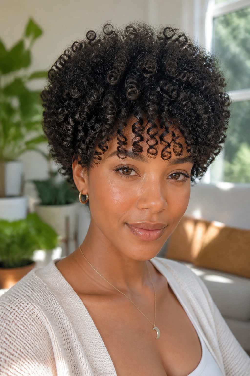 Close-up of person with voluminous Afro crop and curly ringlet bangs