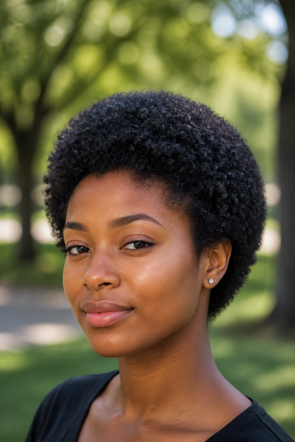Close-up portrait of a person with a natural Afro-Crop hairstyle.