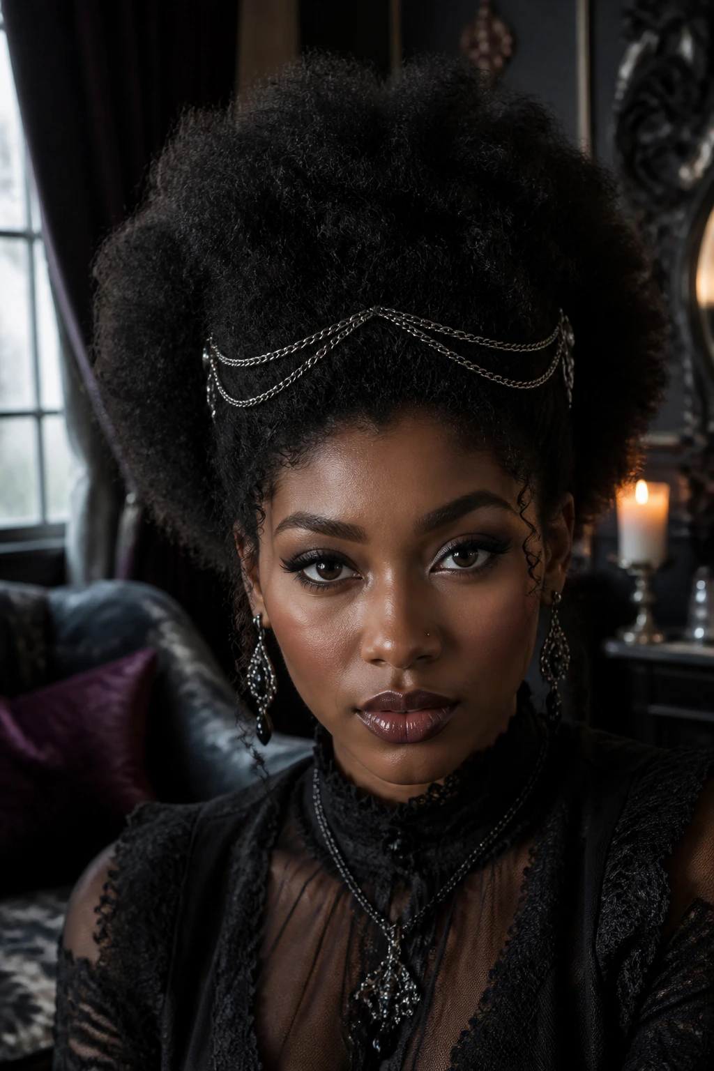Close-up of a person with a natural Afro and a silver chain accent across the hairstyle