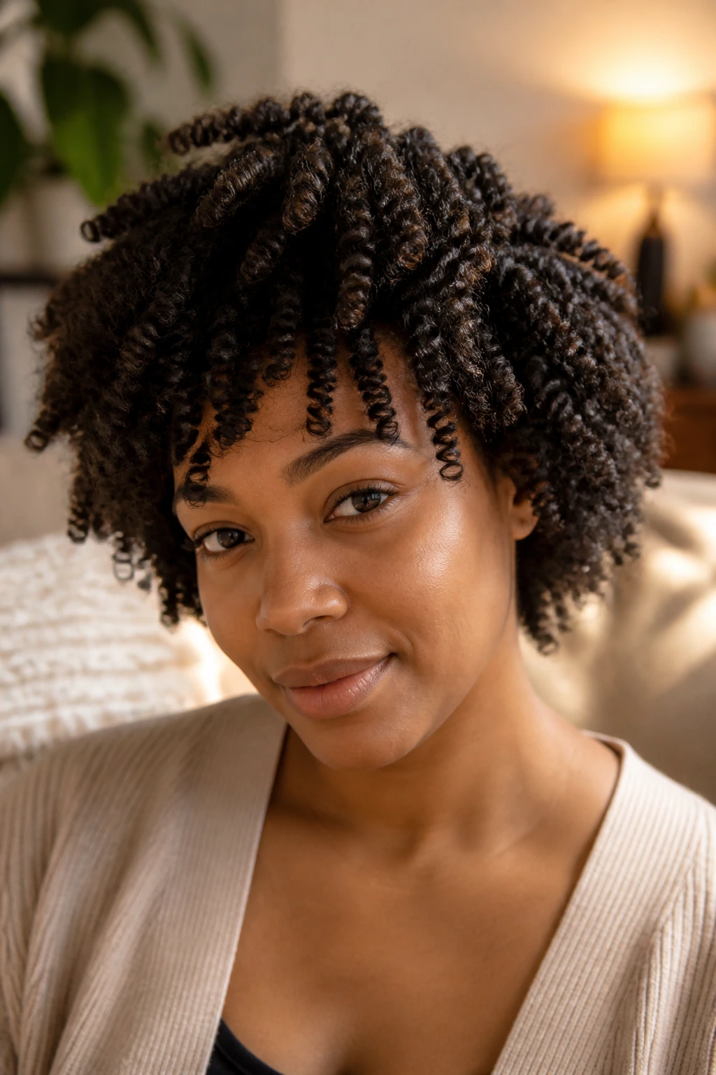 Close-up of a real woman with Afro-Kinky twist out crochet hairstyle