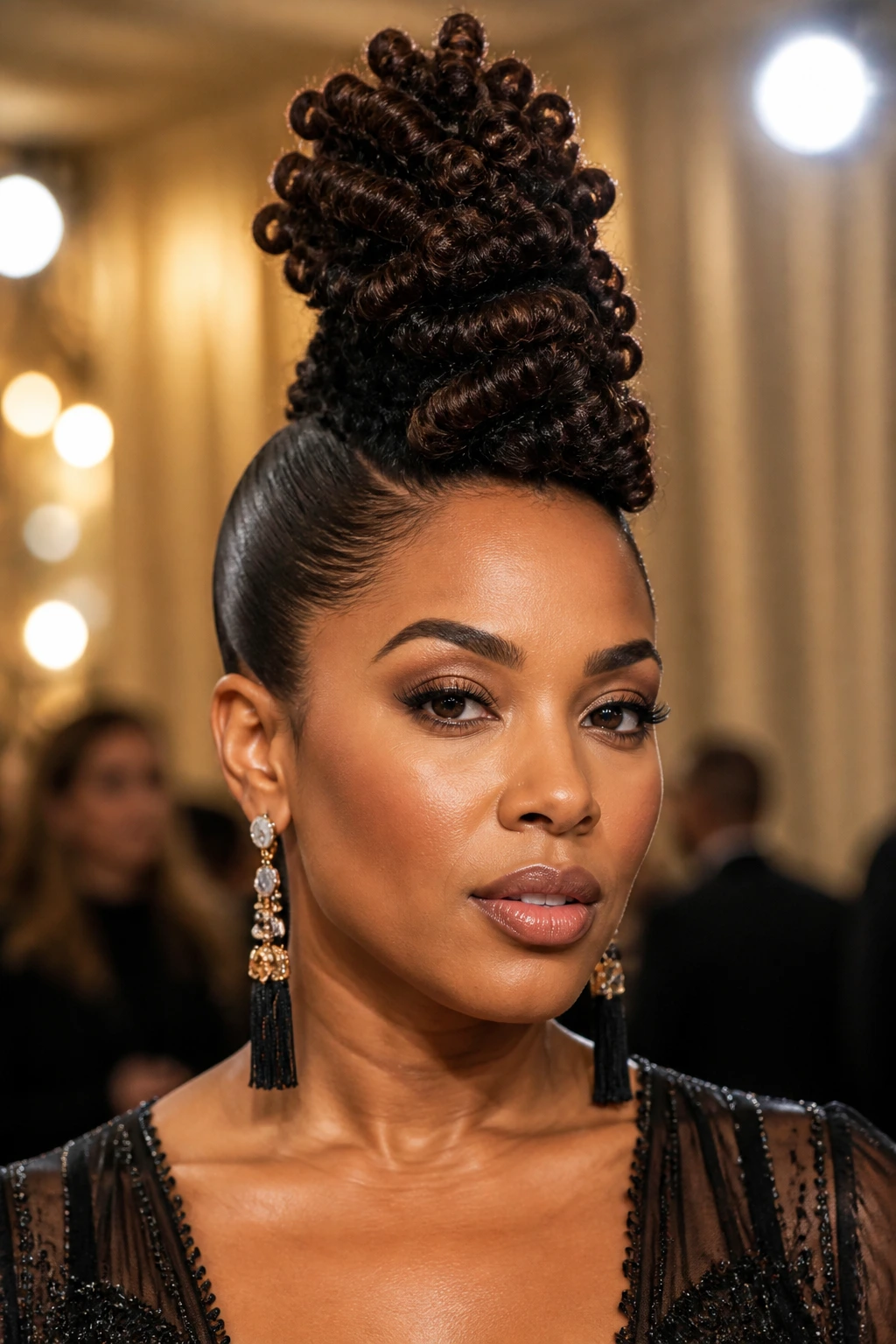 Close-up portrait of a real person with a sculpted Afro-Mohawk