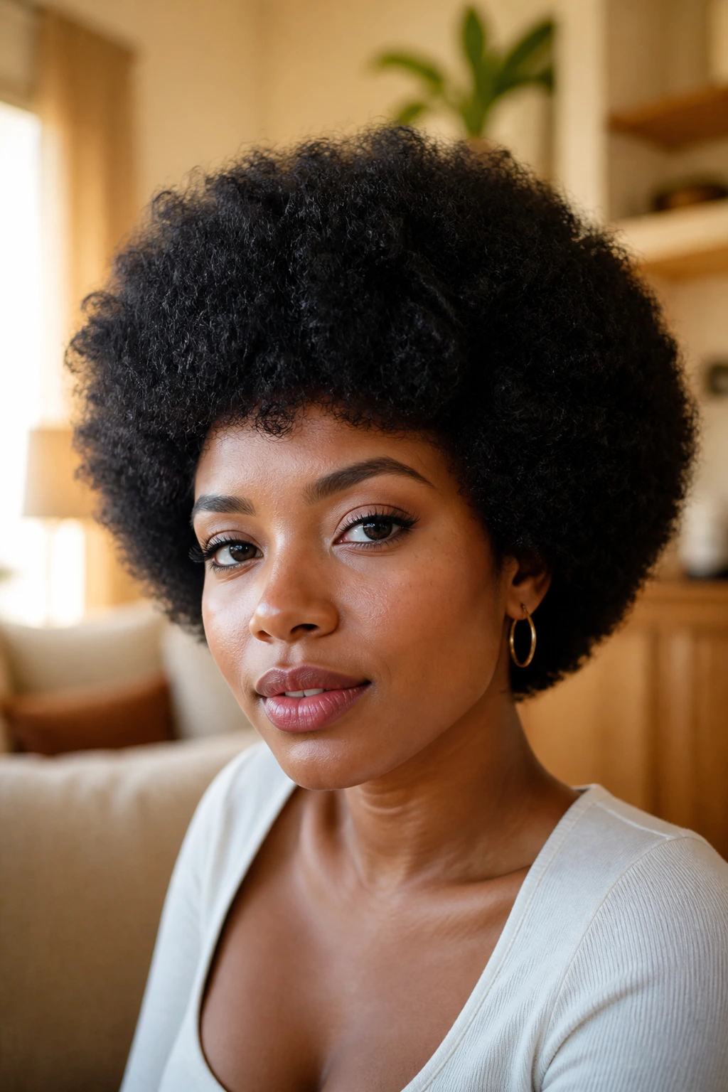 Close-up of a real person with a rounded Afro pick-out cut and voluminous coils.