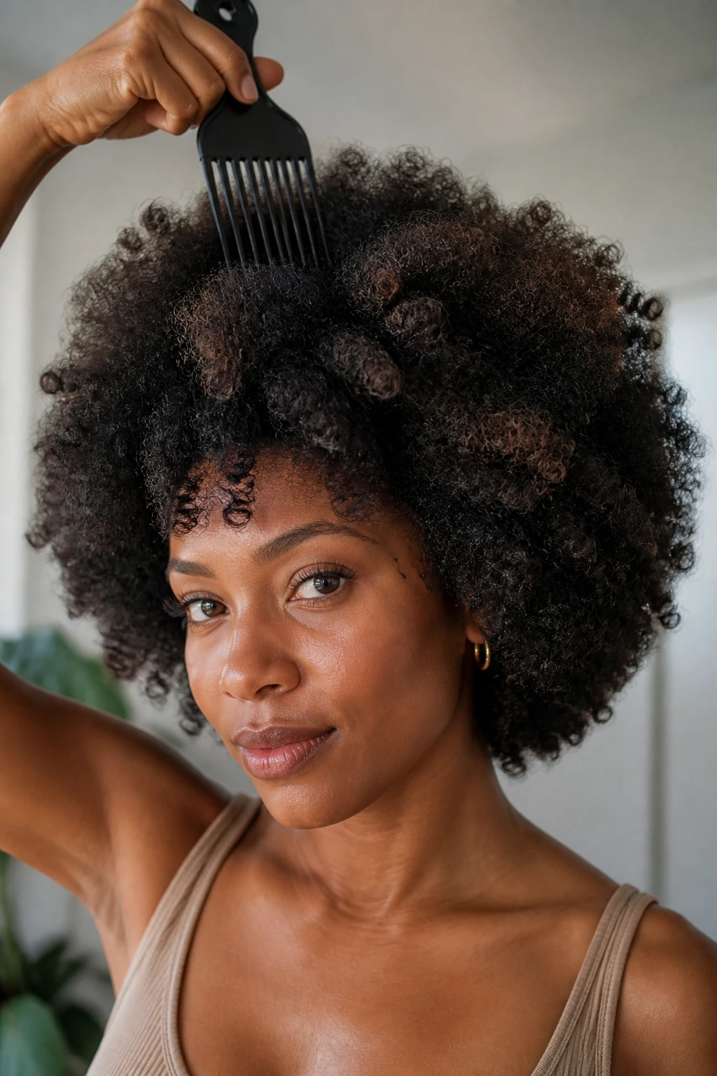 Close-up of a real woman's afro being lifted at the roots with a hair pick