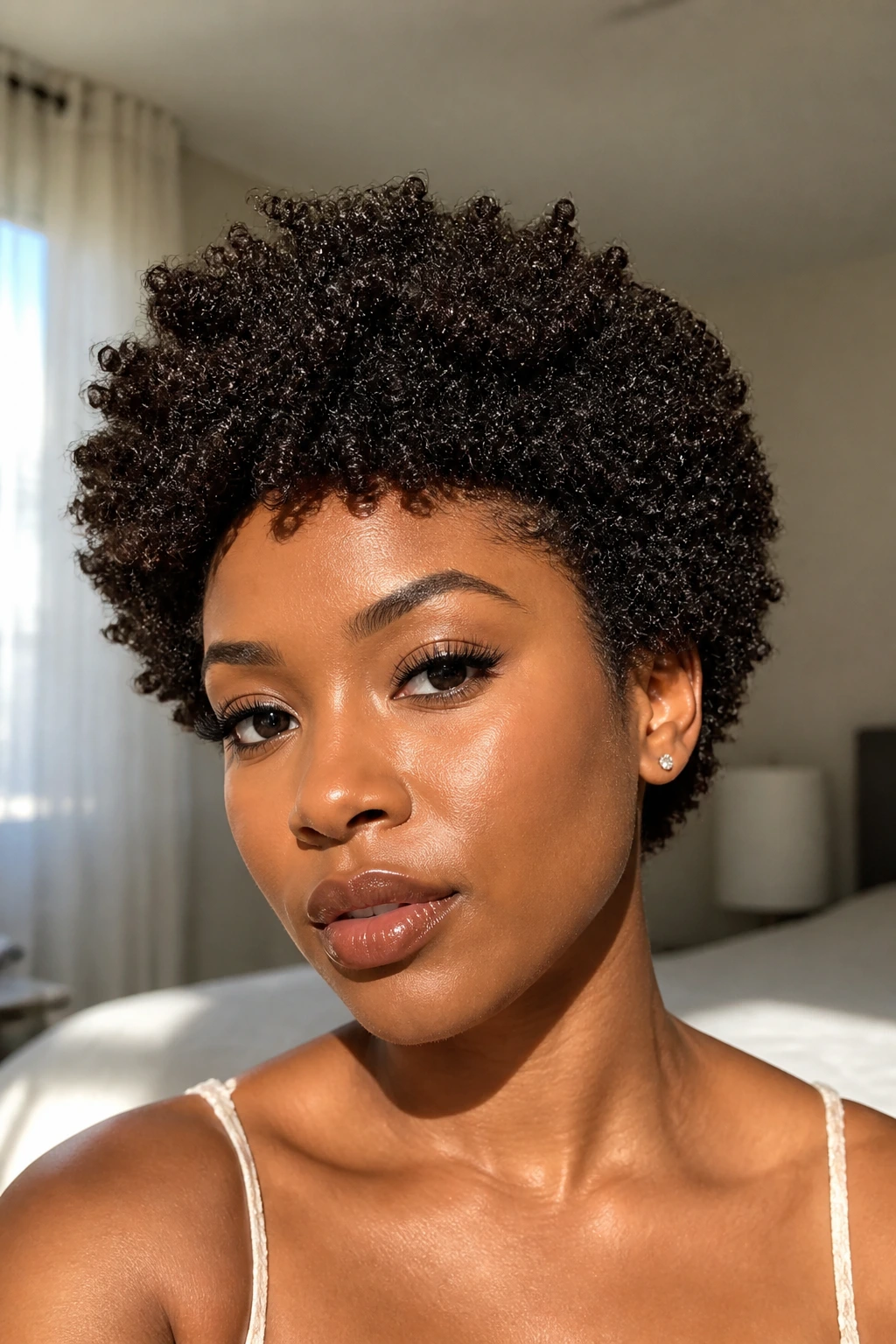 Close-up portrait of a real woman with a natural Afro pixie and dense curls filling the frame